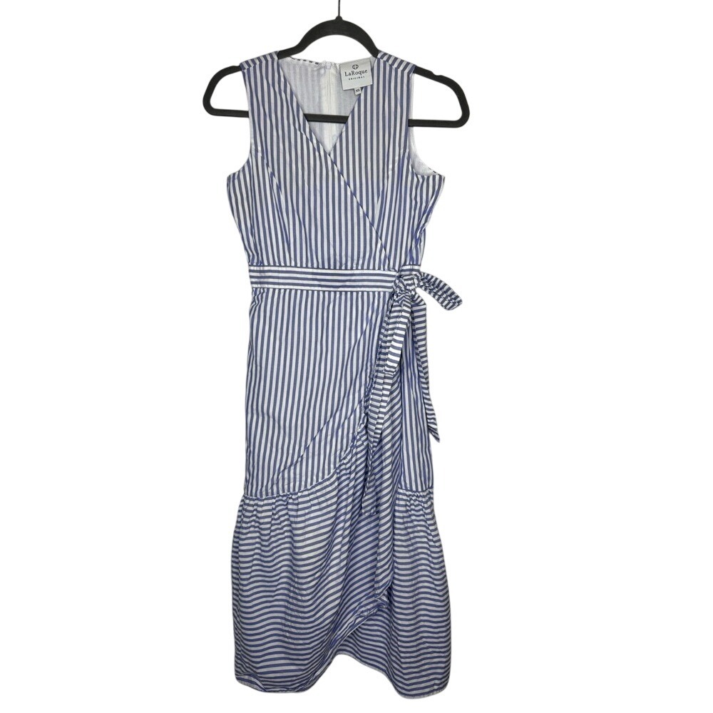 Laroque Women's Faux Wrap Dress XS Striped V Neck Tie Belt Ruffle Hem Nautical‎